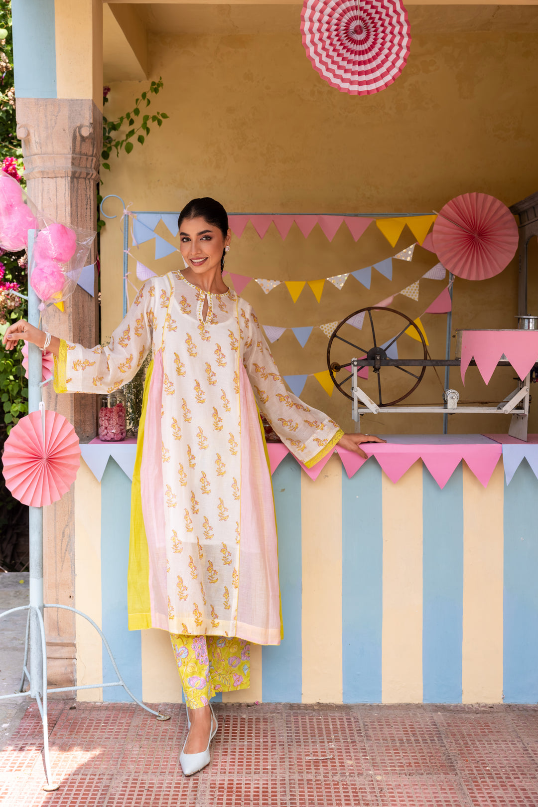 Cotton Candy White Green Chanderi Mulmul A-Line Kurta set of 2