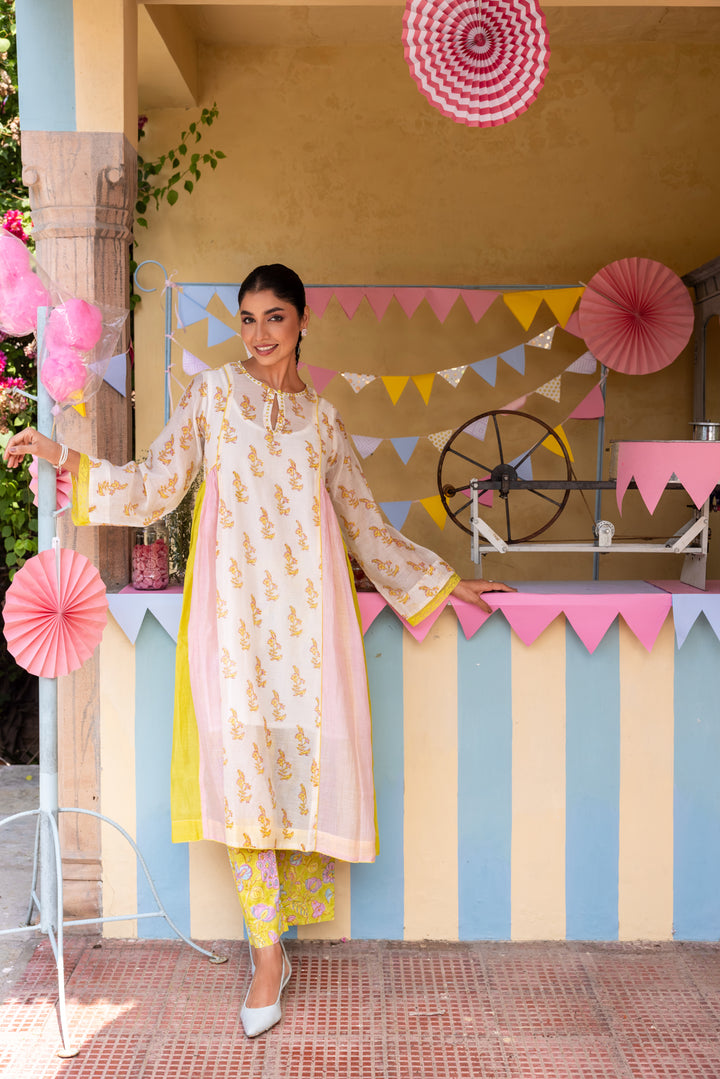 Cotton Candy White Green Chanderi Mulmul A-Line Kurta set of 2