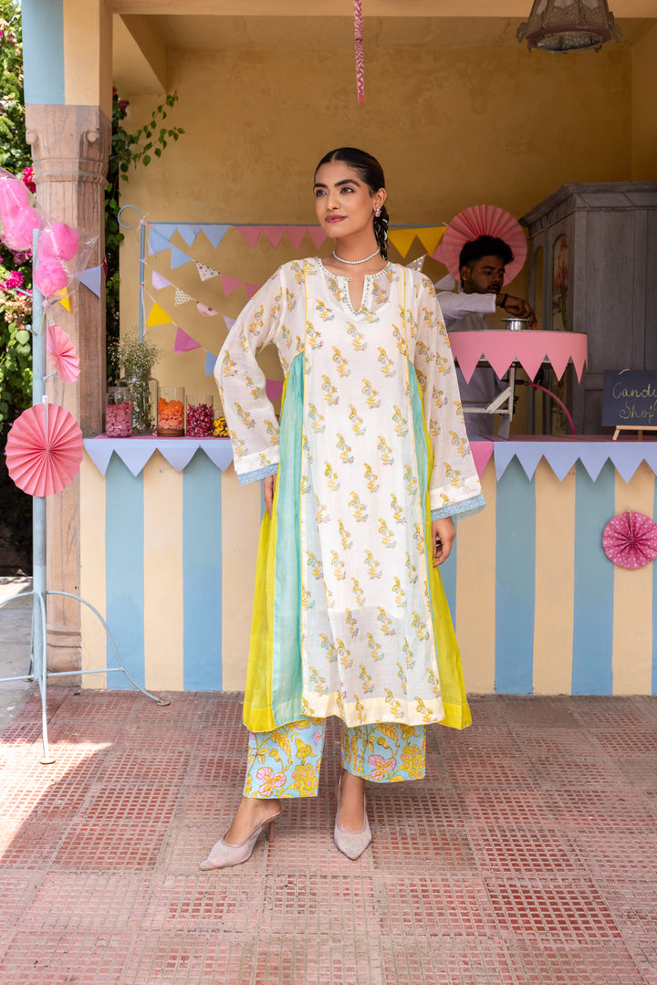 Cotton Candy White Blue Chanderi Mulmul A-Line Kurta set of 2
