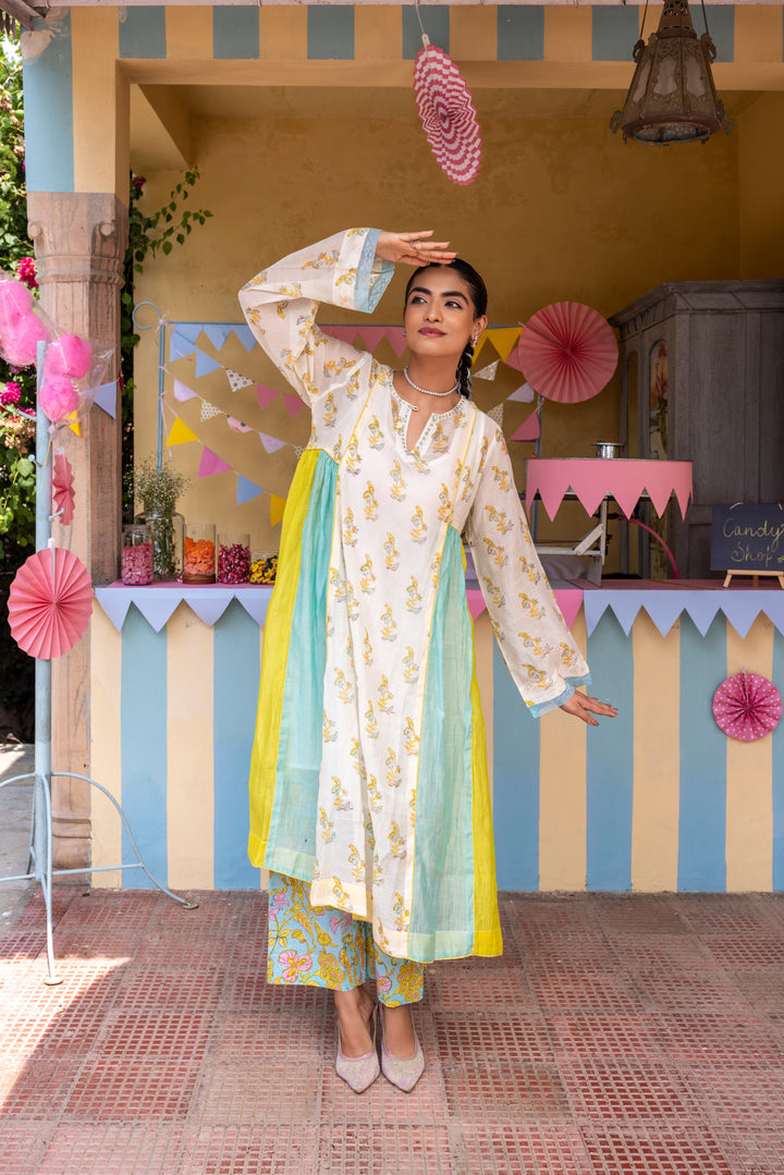 Cotton Candy White Blue Chanderi Mulmul A-Line Kurta set of 2
