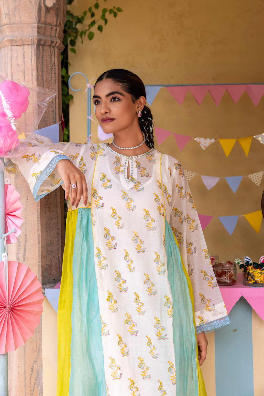 Cotton Candy White Blue Chanderi Mulmul A-Line Kurta set of 2