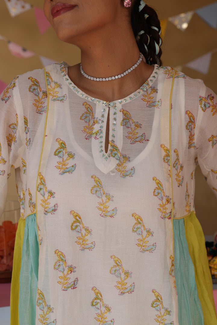 Cotton Candy White Blue Chanderi Mulmul A-Line Kurta set of 2