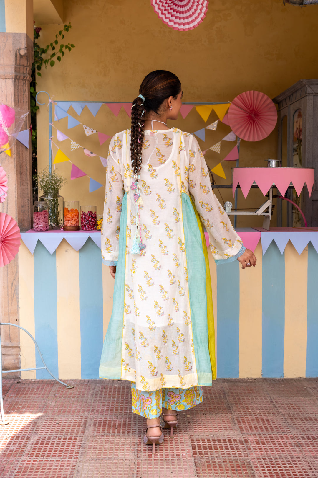 Cotton Candy White Blue Chanderi Mulmul A-Line Kurta set of 2