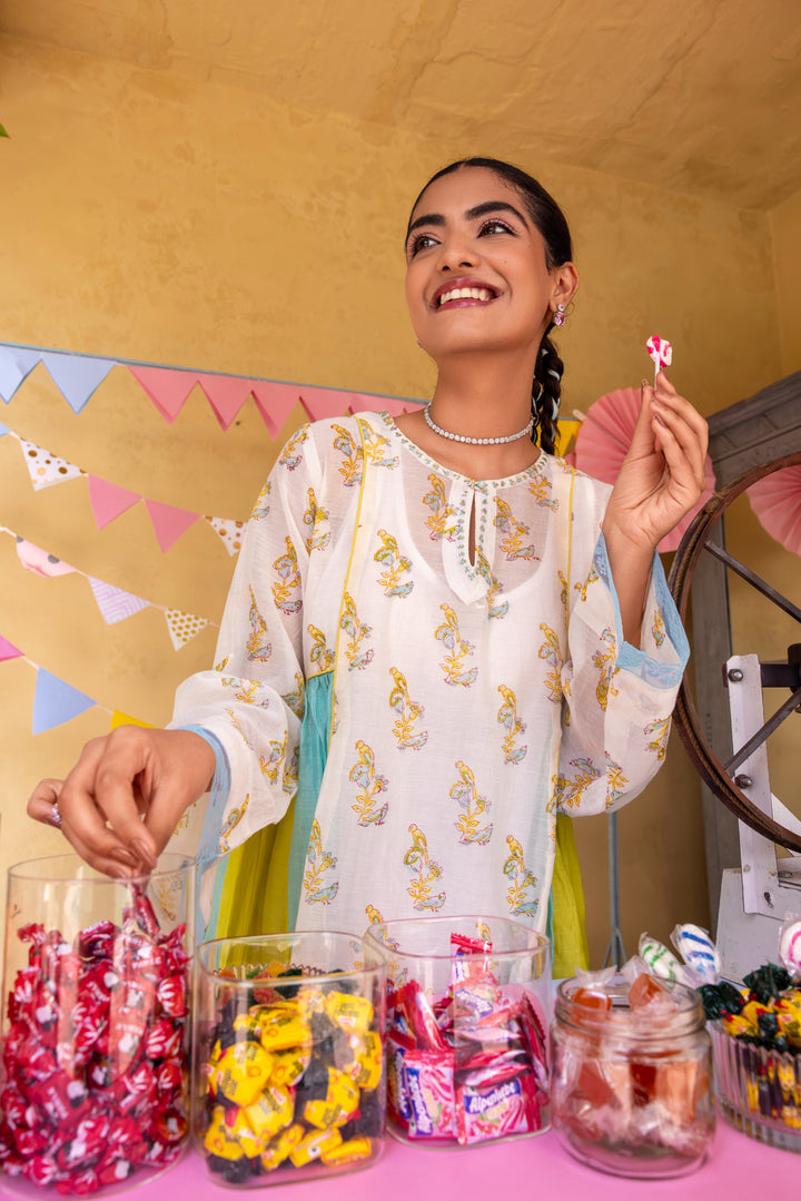 Cotton Candy White Blue Chanderi Mulmul A-Line Kurta set of 2