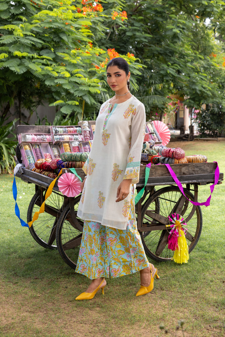 Cotton Candy White Blue Hand Block Printed Chanderi Short Kurta Set of 2