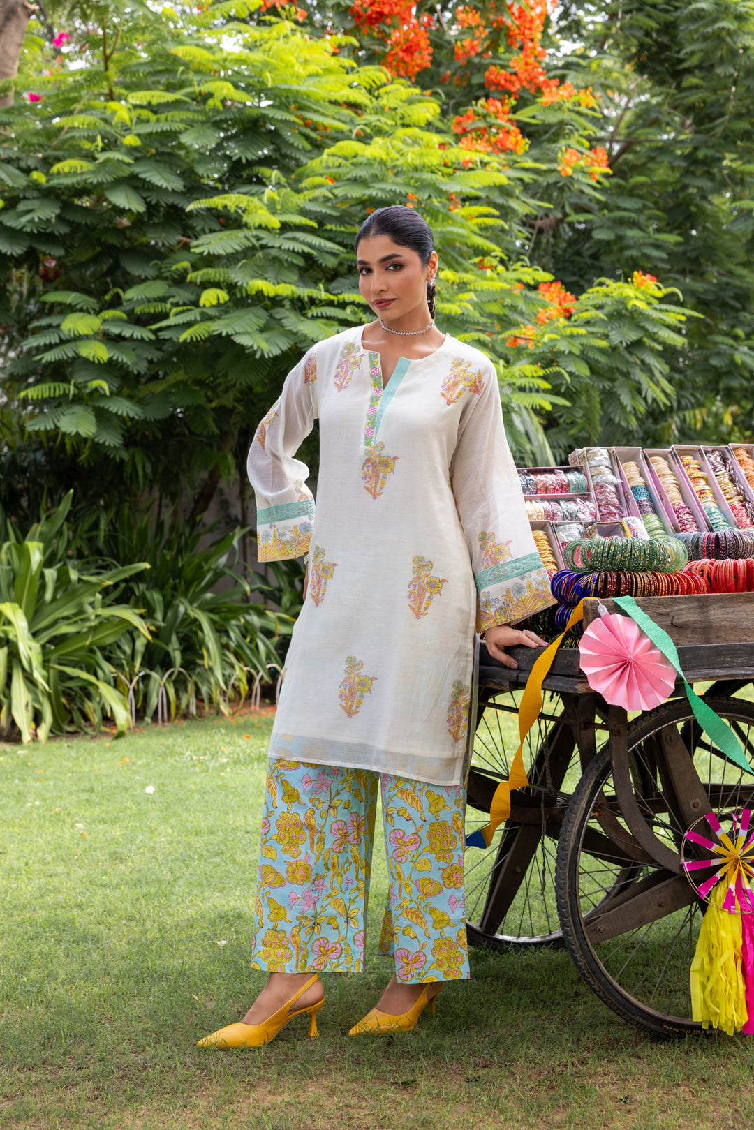 Cotton Candy White Blue Hand Block Printed Chanderi Short Kurta Set of 3