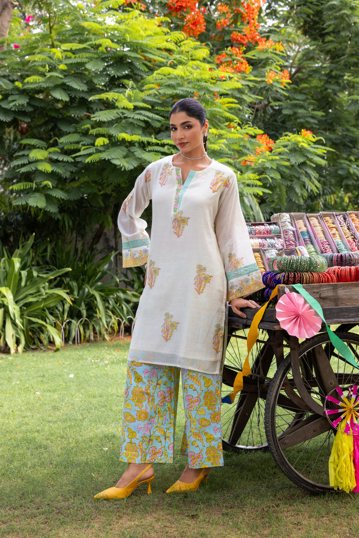 Cotton Candy White Blue Hand Block Printed Chanderi Short Kurta Set of 3