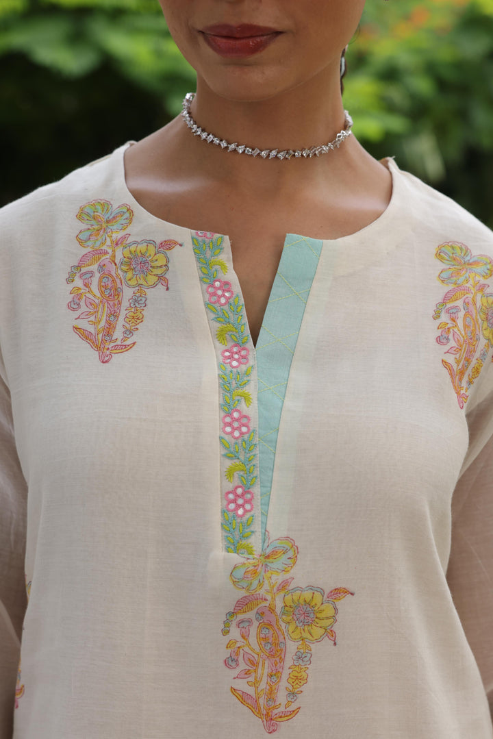 Cotton Candy White Blue Hand Block Printed Chanderi Short Kurta Set of 3