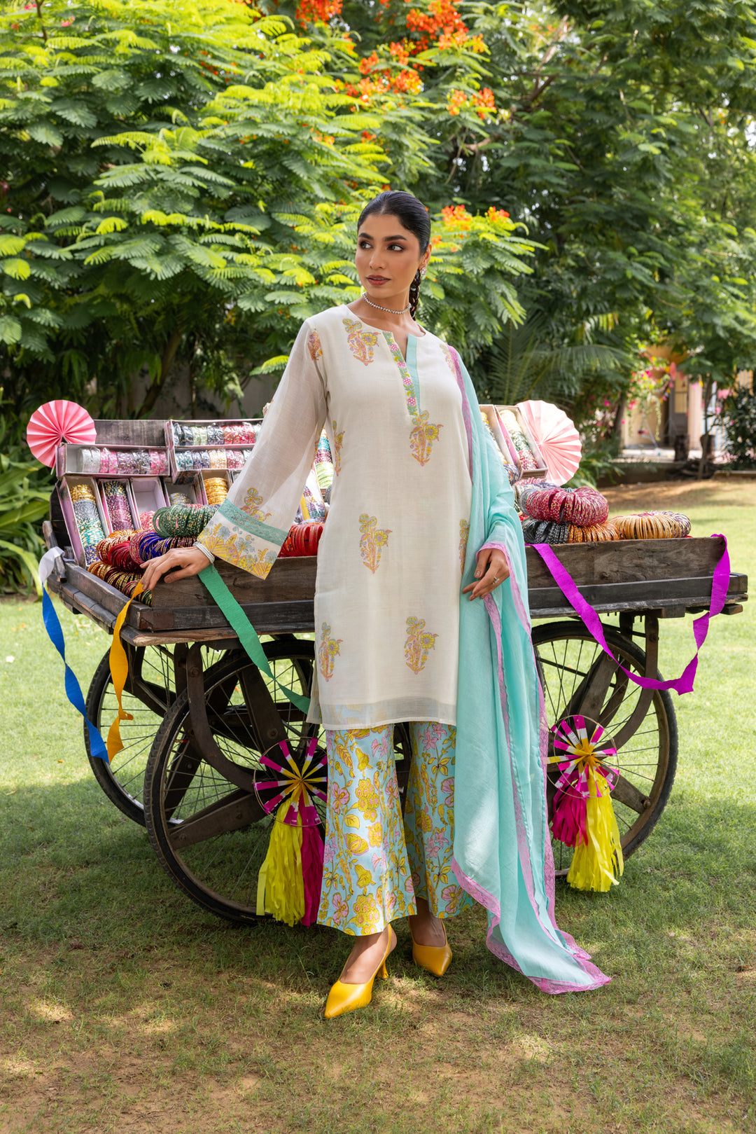 Cotton Candy White Blue Hand Block Printed Chanderi Short Kurta Set of 3