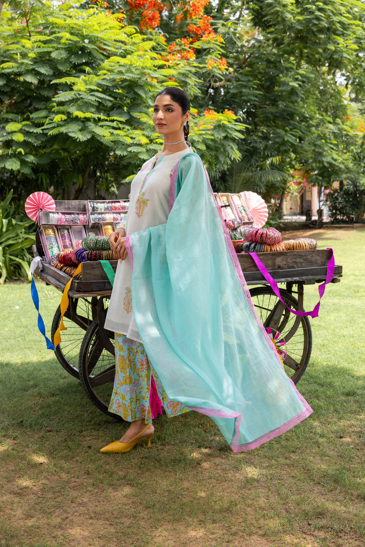 Cotton Candy White Blue Hand Block Printed Chanderi Short Kurta Set of 3
