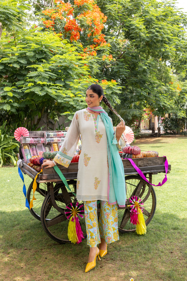 Cotton Candy White Blue Hand Block Printed Chanderi Short Kurta Set of 3