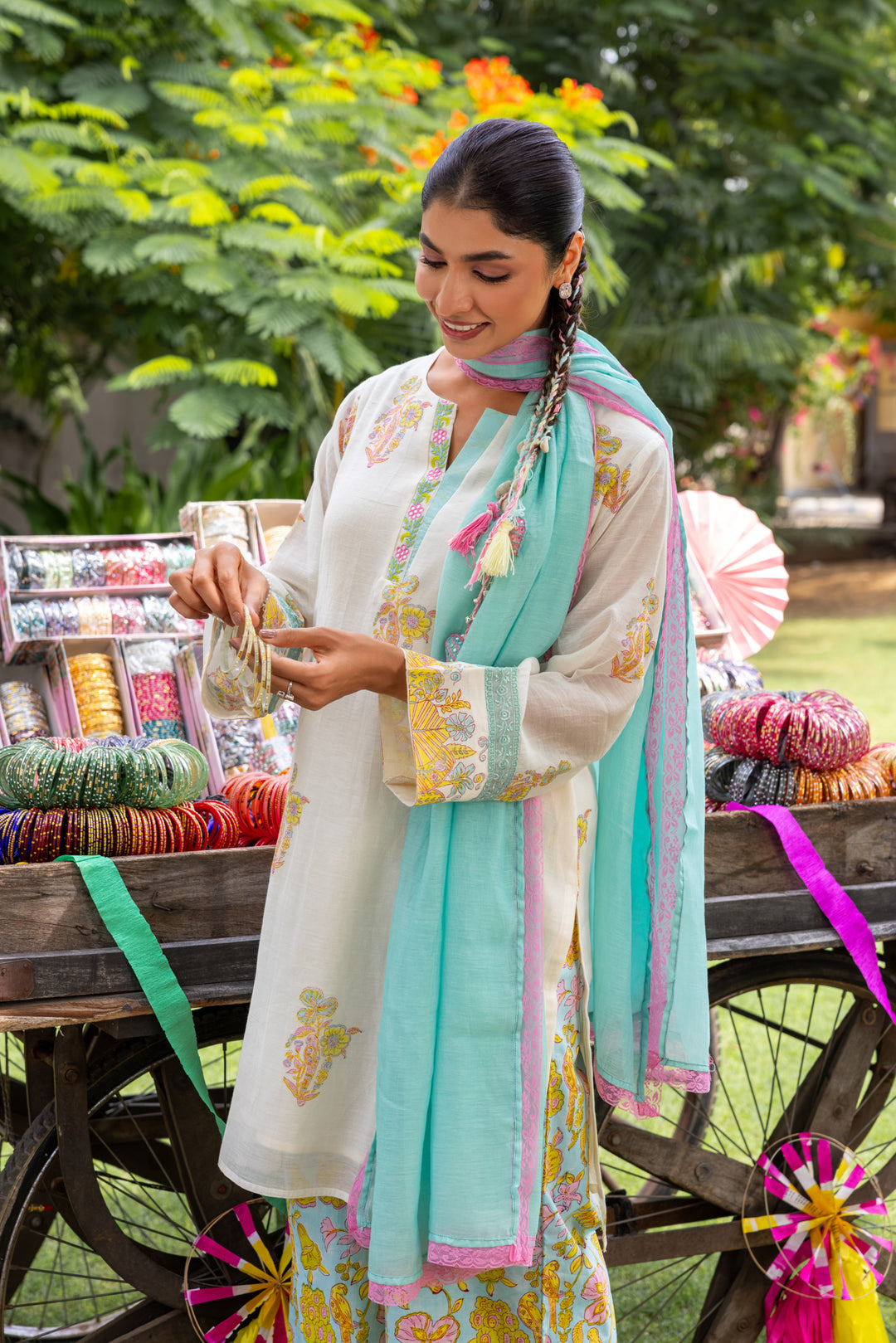 Cotton Candy White Blue Hand Block Printed Chanderi Short Kurta Set of 3
