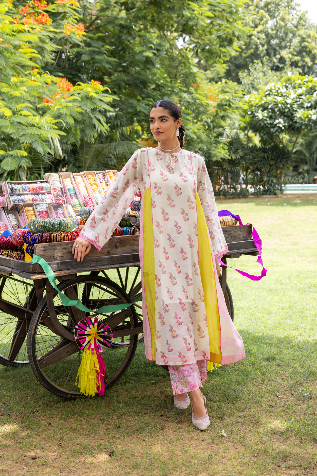 Cotton Candy White Pink Chanderi Mulmul A-Line Kurta set of 2