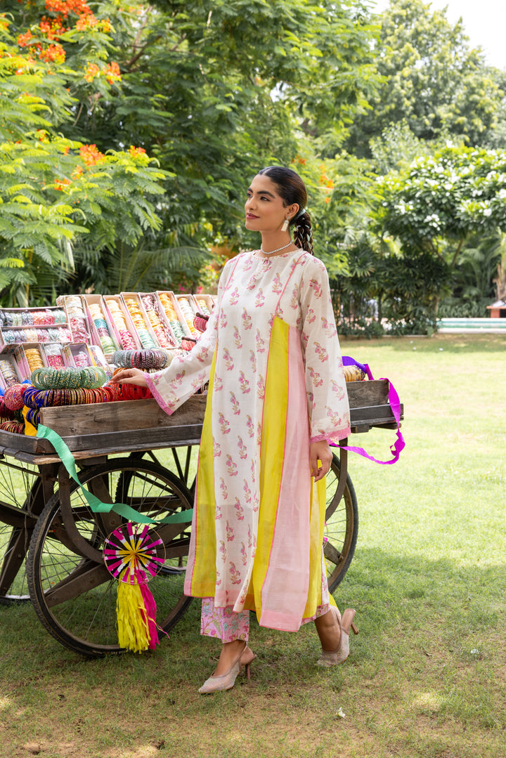 Cotton Candy White Pink Chanderi Mulmul A-Line Kurta set of 2