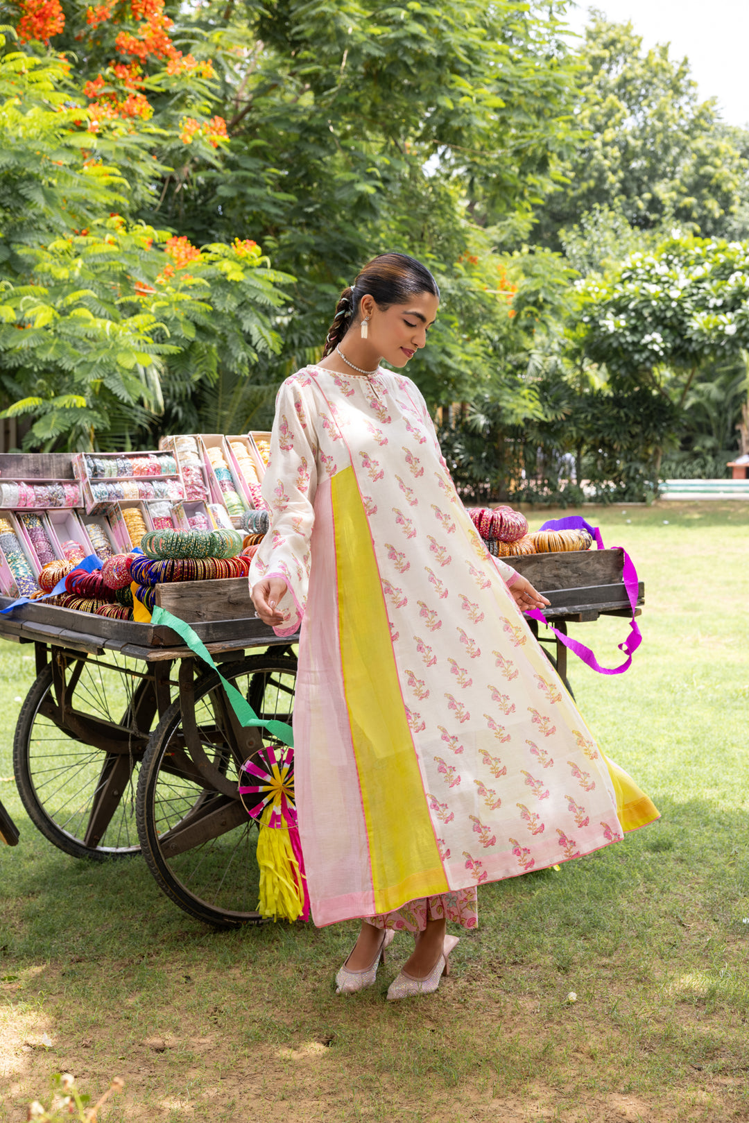 Cotton Candy White Pink Chanderi Mulmul A-Line Kurta set of 2
