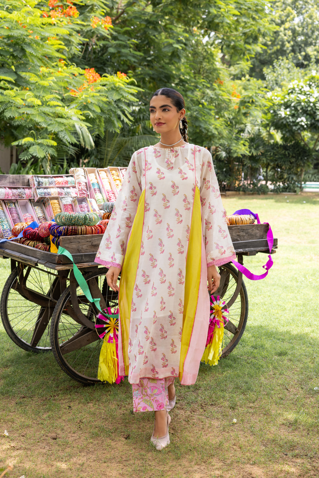 Cotton Candy White Pink Chanderi Mulmul A-Line Kurta set of 2