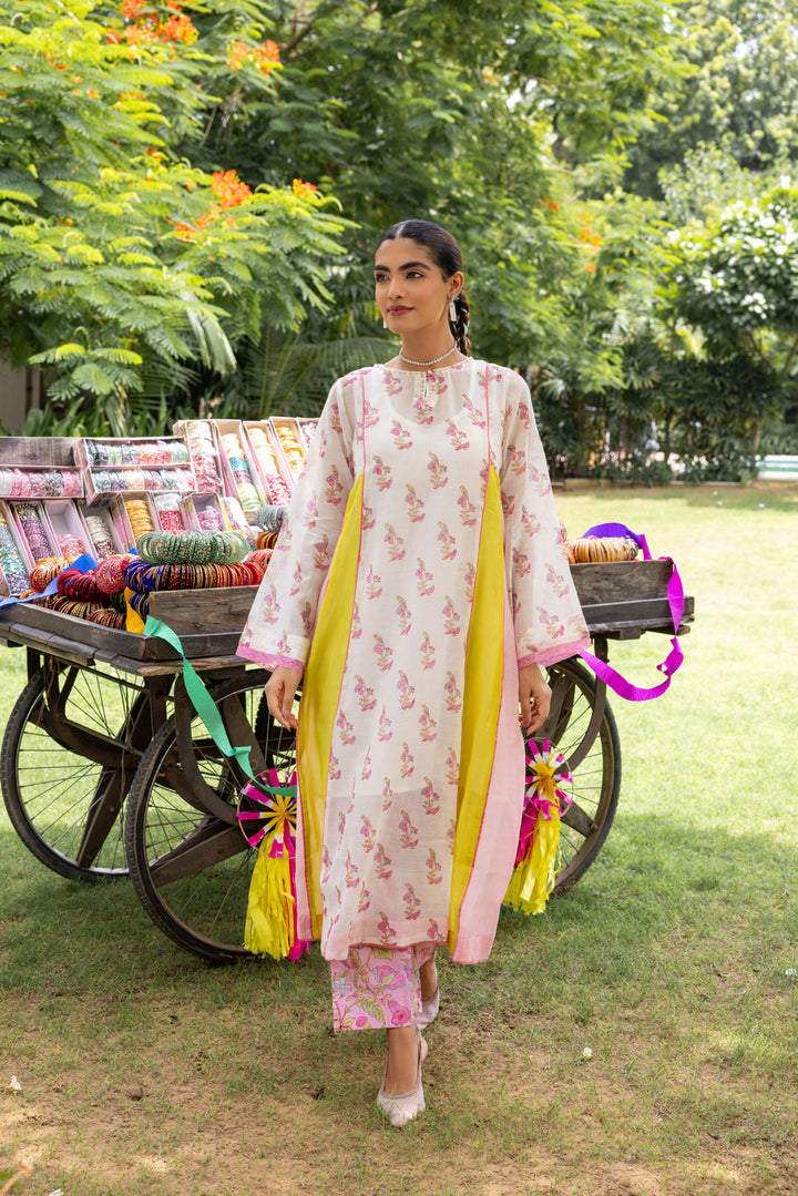 Cotton Candy White Pink Chanderi Mulmul A-Line Kurta set of 2