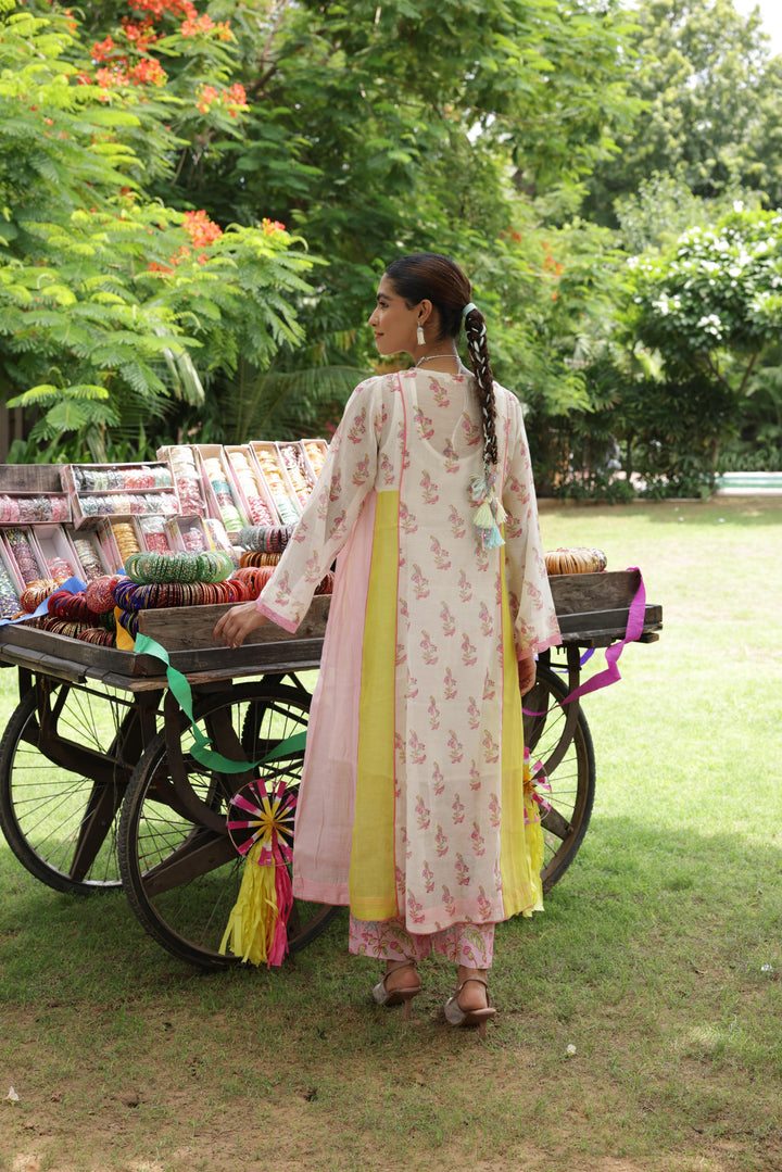 Cotton Candy White Pink Chanderi Mulmul A-Line Kurta set of 2