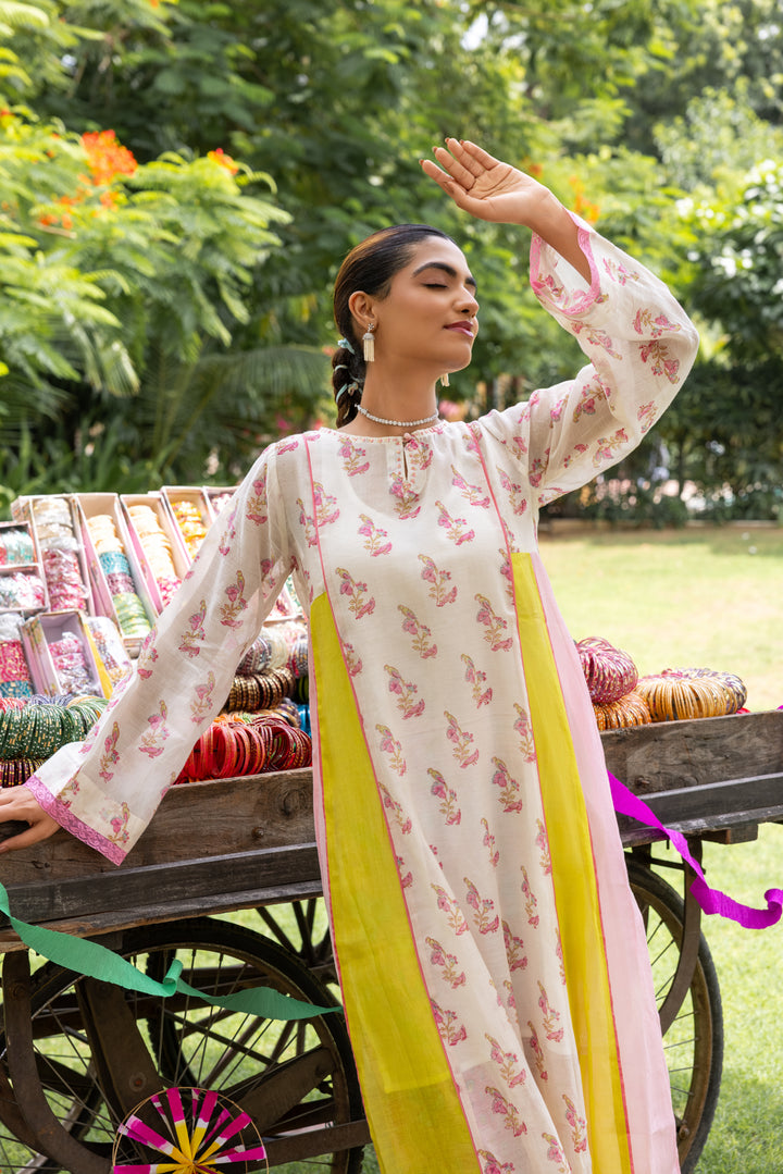 Cotton Candy White Pink Chanderi Mulmul A-Line Kurta set of 2