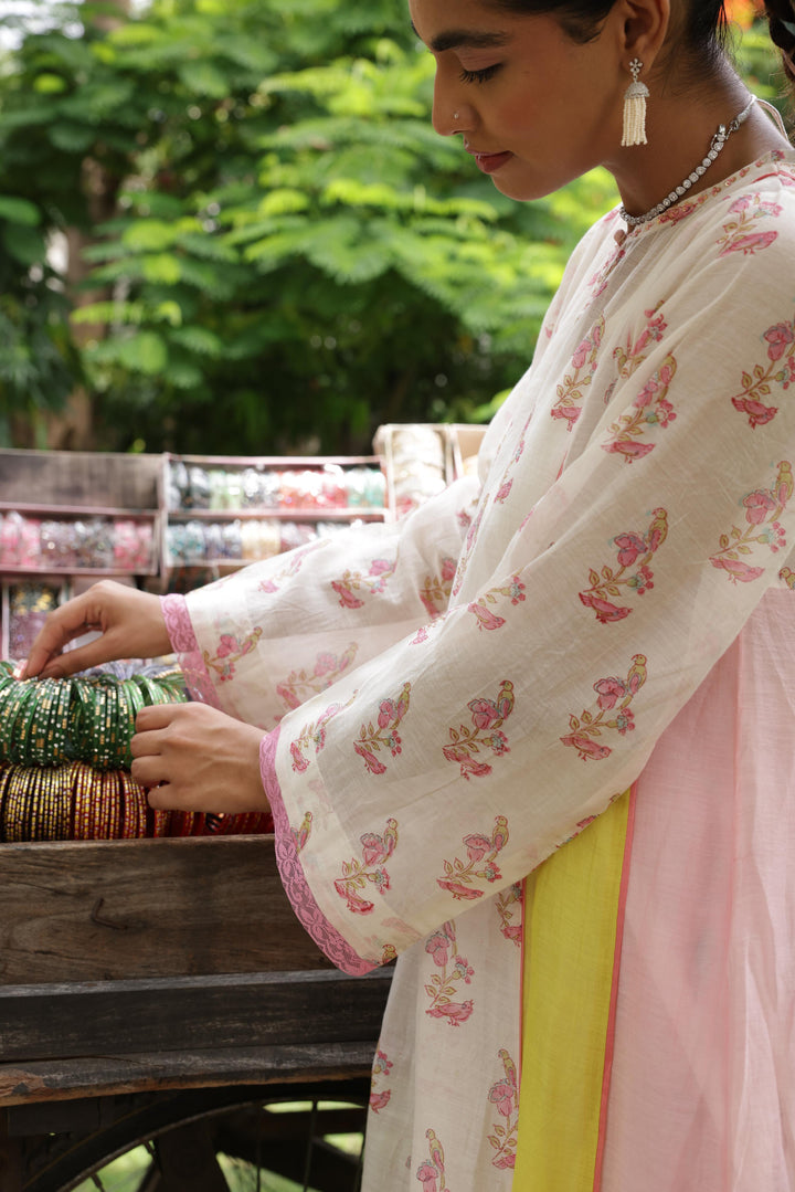 Cotton Candy White Pink Chanderi Mulmul A-Line Kurta set of 2