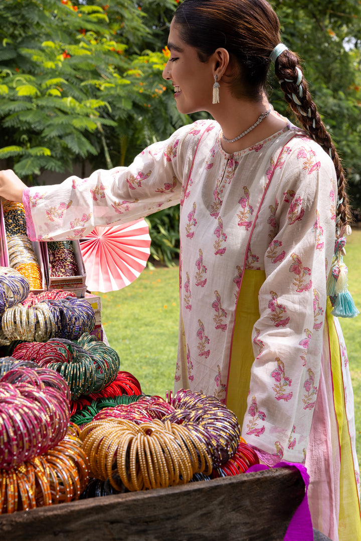 Cotton Candy White Pink Chanderi Mulmul A-Line Kurta set of 2