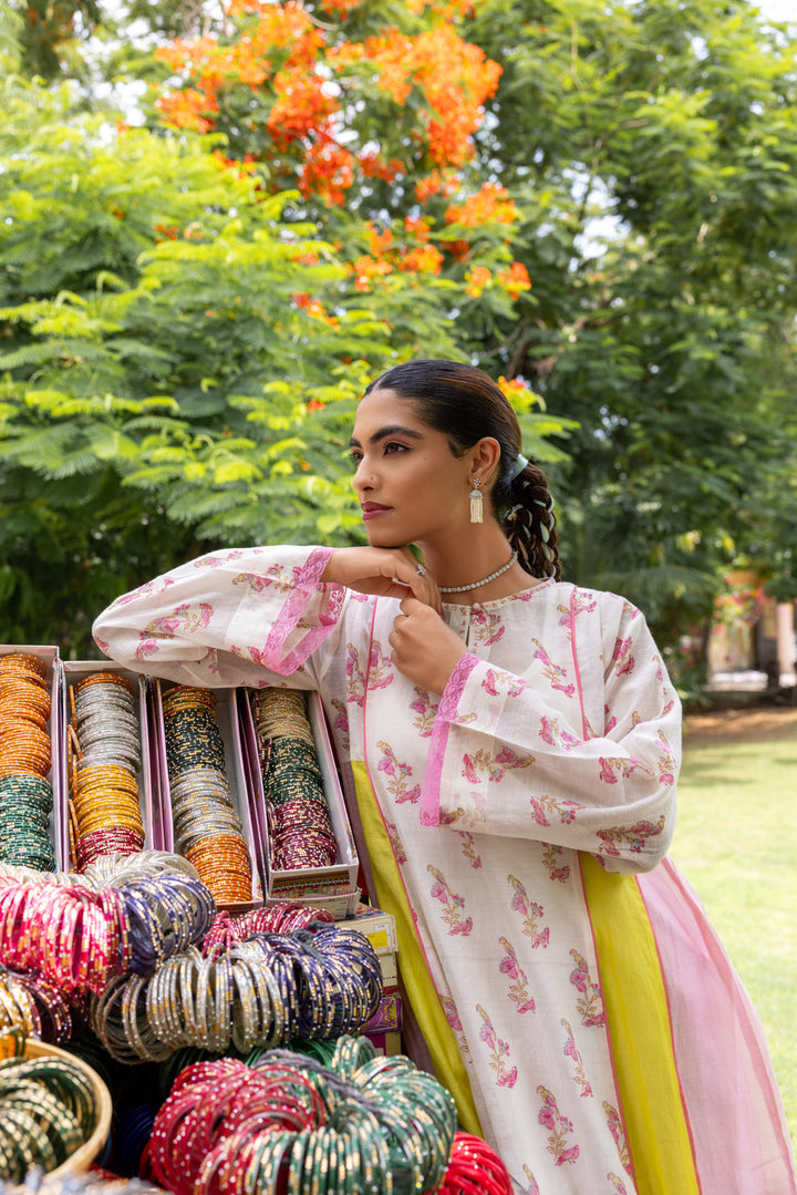 Cotton Candy White Pink Chanderi Mulmul A-Line Kurta set of 2