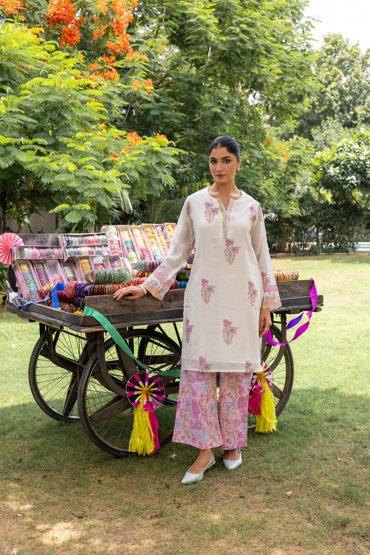 Cotton Candy White Pink Hand Block Printed Chanderi Short Kurta Set of 2