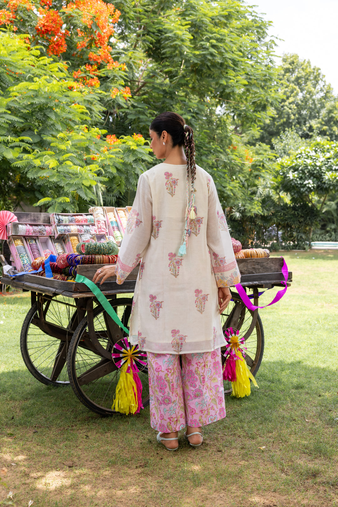 Cotton Candy White Pink Hand Block Printed Chanderi Short Kurta Set of 2
