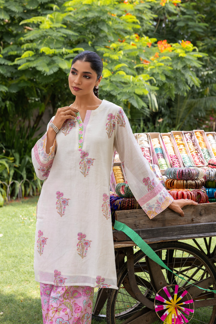 Cotton Candy White Pink Hand Block Printed Chanderi Short Kurta Set of 3