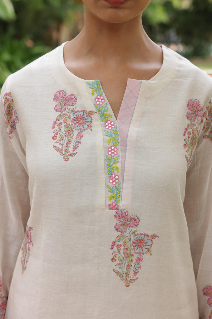 Cotton Candy White Pink Hand Block Printed Chanderi Short Kurta Set of 3