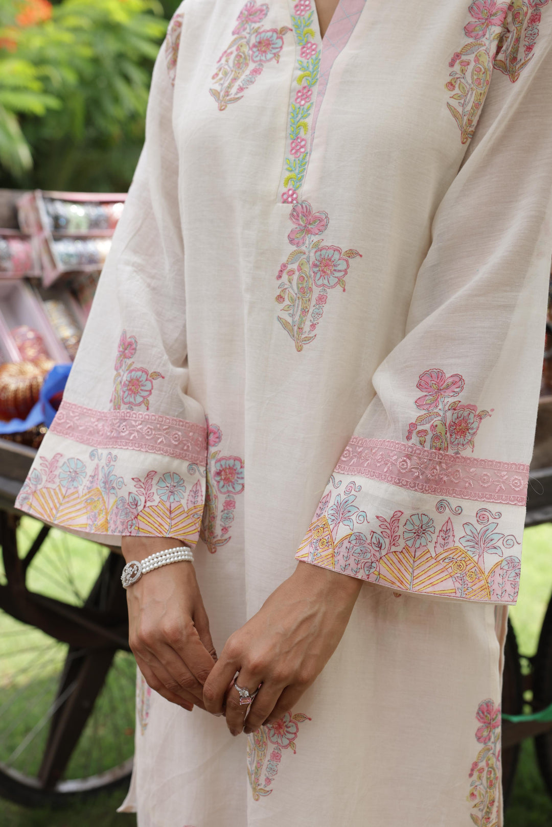 Cotton Candy White Pink Hand Block Printed Chanderi Short Kurta Set of 3