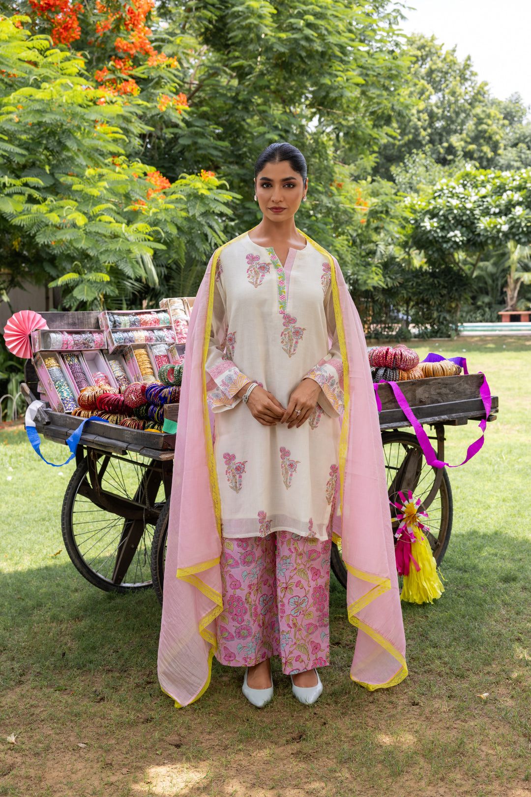 Cotton Candy White Pink Hand Block Printed Chanderi Short Kurta Set of 3