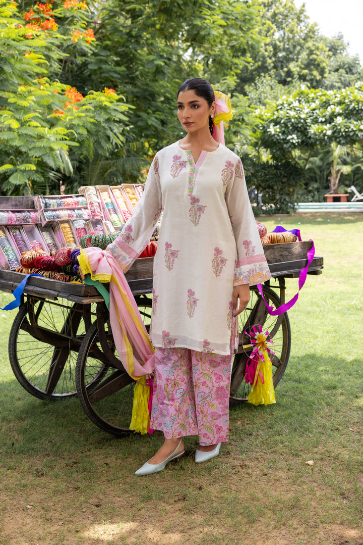 Cotton Candy White Pink Hand Block Printed Chanderi Short Kurta Set of 3