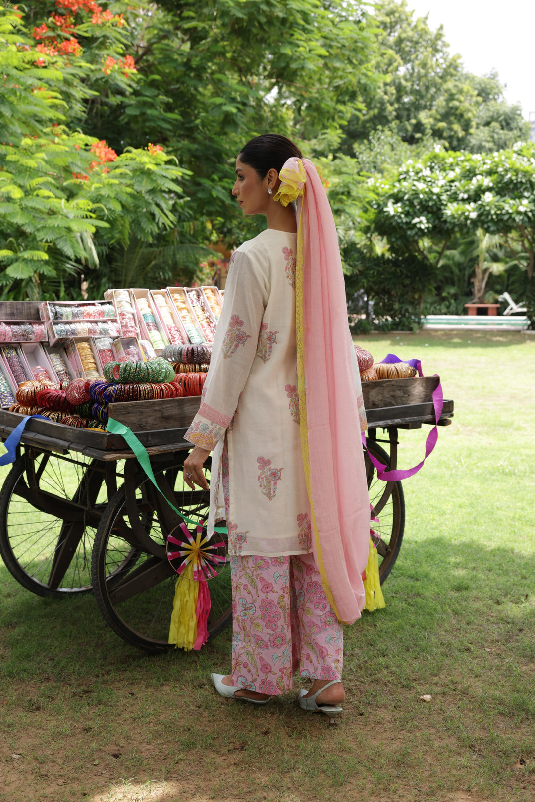 Cotton Candy White Pink Hand Block Printed Chanderi Short Kurta Set of 3