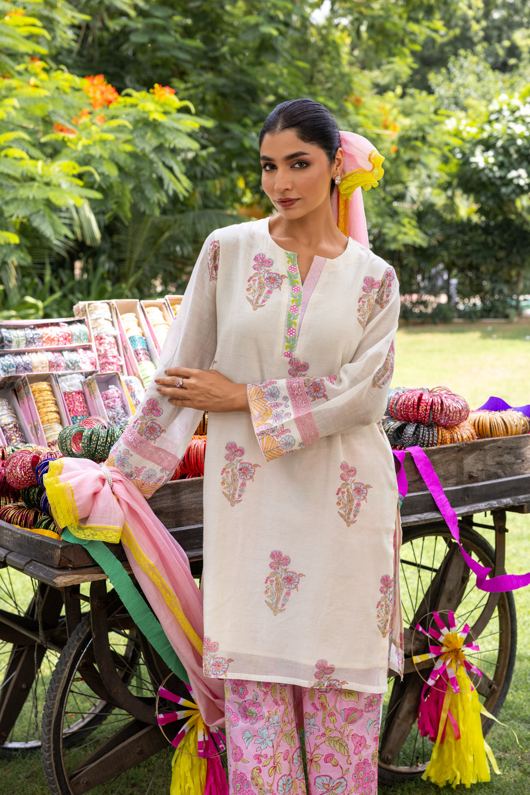 Cotton Candy White Pink Hand Block Printed Chanderi Short Kurta Set of 3