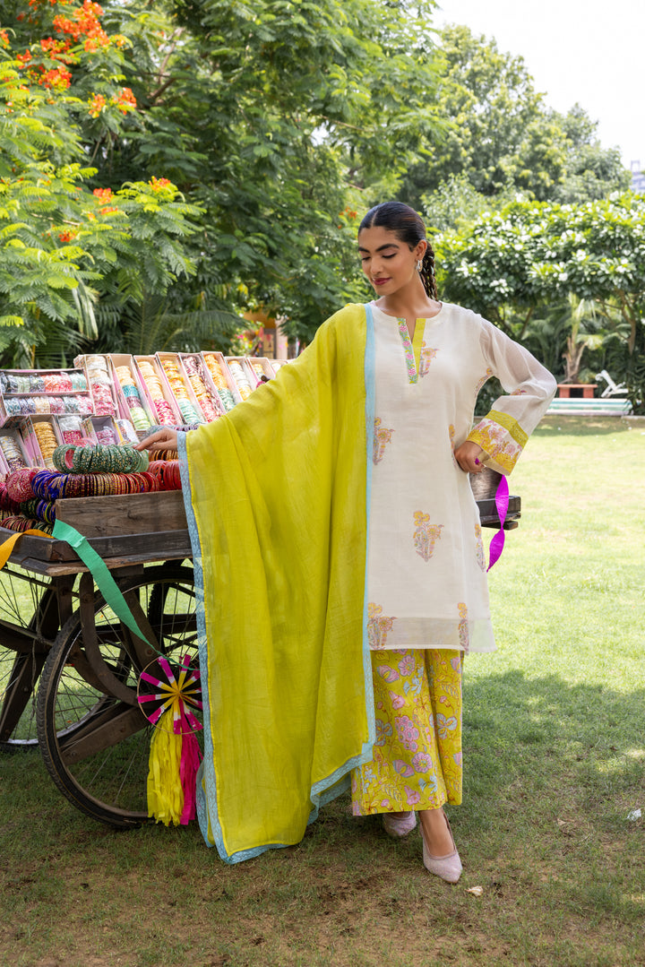Cotton Candy White Green Hand Block Printed Chanderi Short Kurta Set of 3