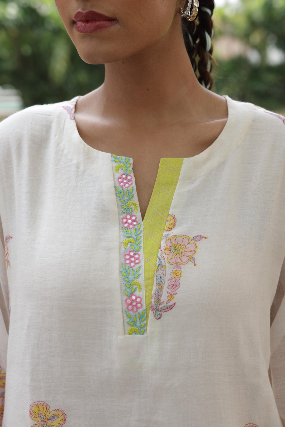 Cotton Candy White Green Hand Block Printed Chanderi Short Kurta Set of 2