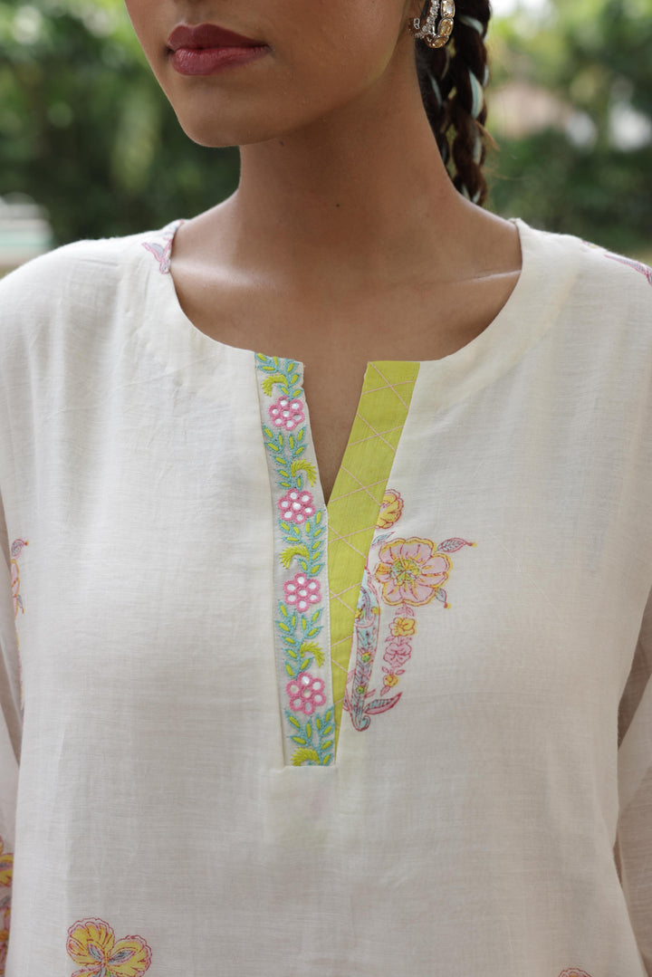 Cotton Candy White Green Hand Block Printed Chanderi Short Kurta Set of 2