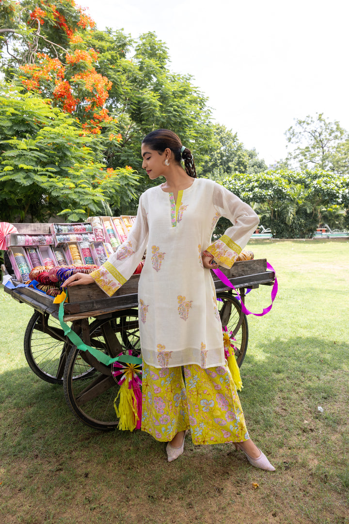 Cotton Candy White Green Hand Block Printed Chanderi Short Kurta Set of 3