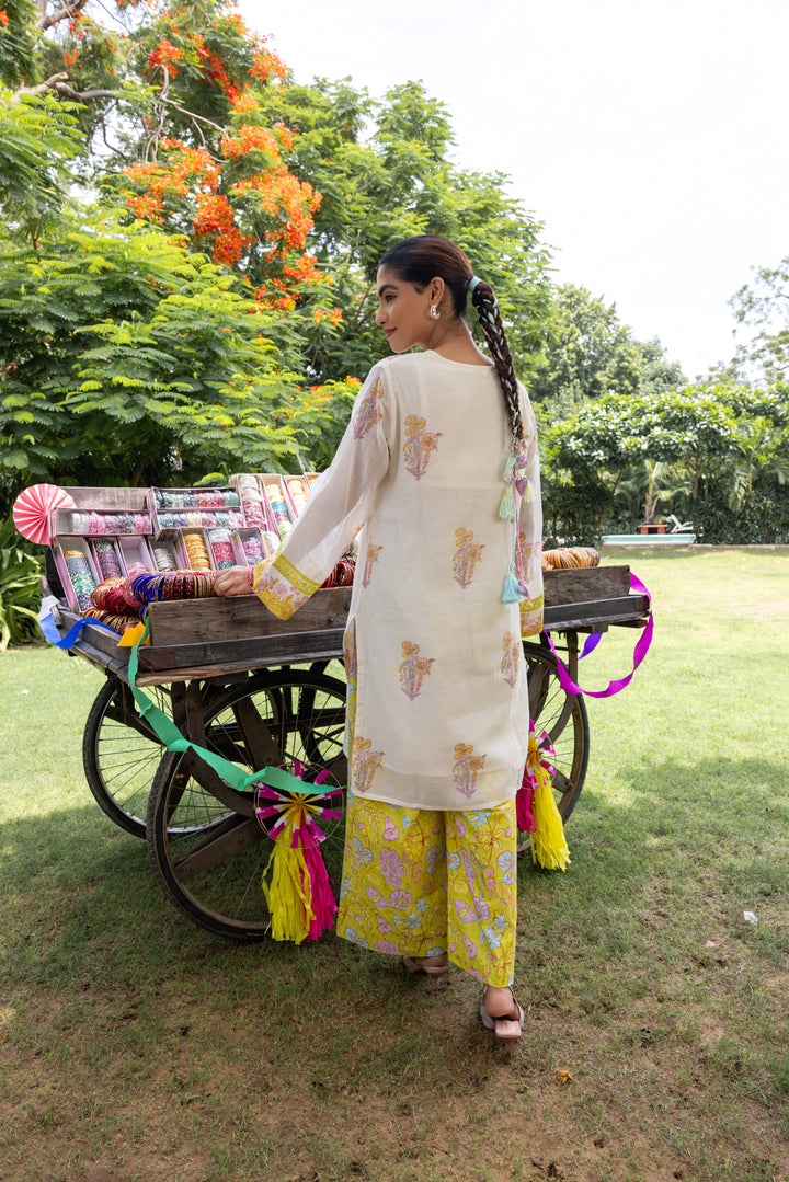 Cotton Candy White Green Hand Block Printed Chanderi Short Kurta Set of 3