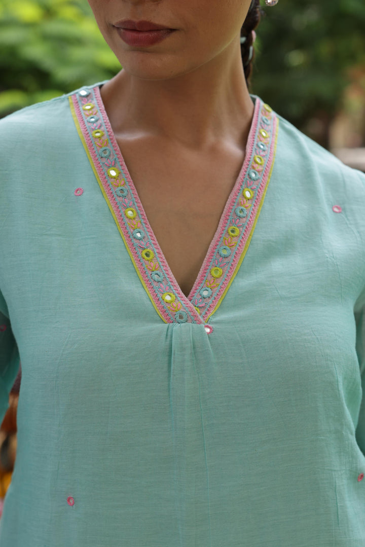 Cotton Candy Light Blue Chanderi Mulmul Short Kurta with Farshi Salwar set of 3