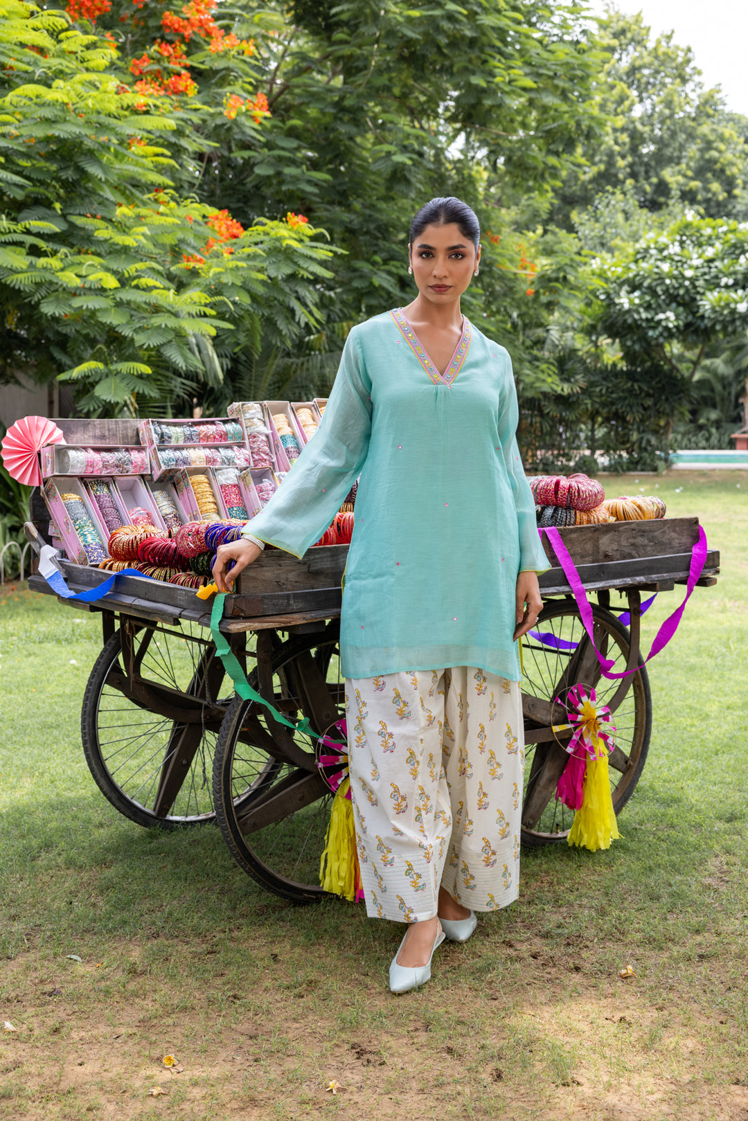 Cotton Candy Light Blue Chanderi Mulmul Short Kurta with Farshi Salwar set of 3