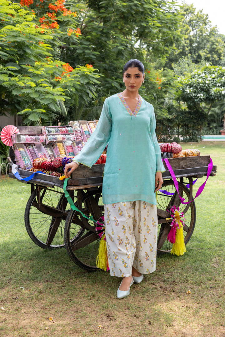 Cotton Candy Light Blue Chanderi Mulmul Short Kurta with Farshi Salwar set of 3