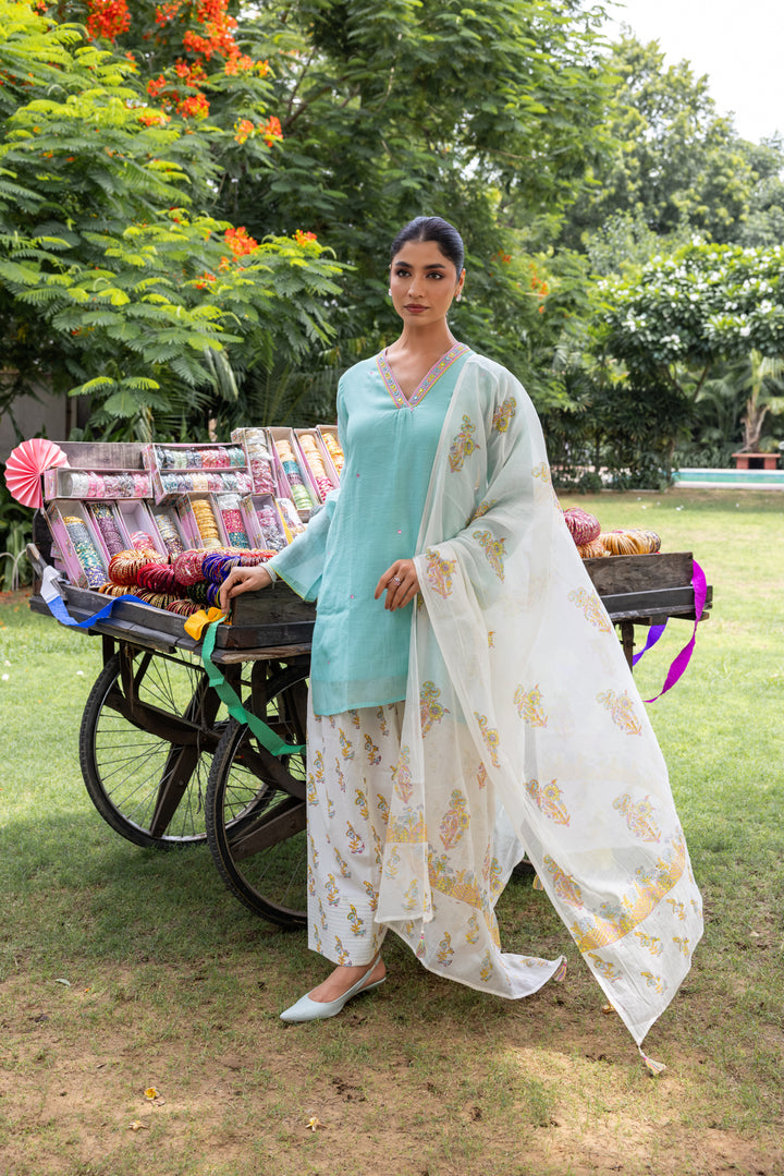 Cotton Candy Light Blue Chanderi Mulmul Short Kurta with Farshi Salwar set of 3