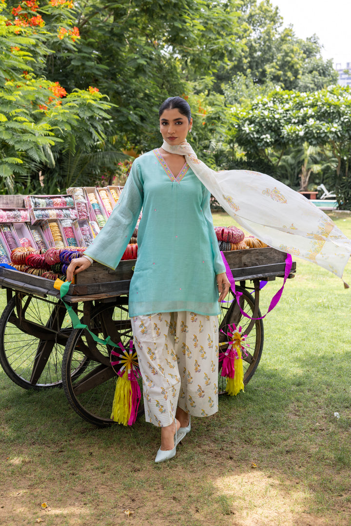 Cotton Candy Light Blue Chanderi Mulmul Short Kurta with Farshi Salwar set of 3