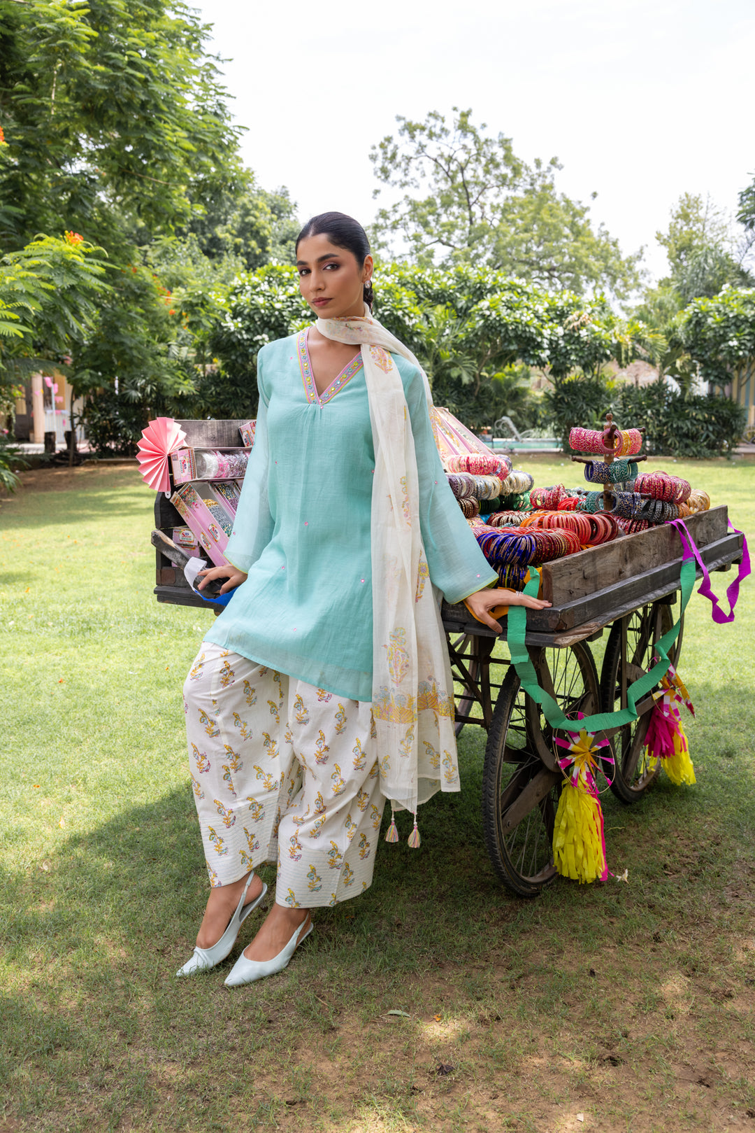 Cotton Candy Light Blue Chanderi Mulmul Short Kurta with Farshi Salwar set of 3