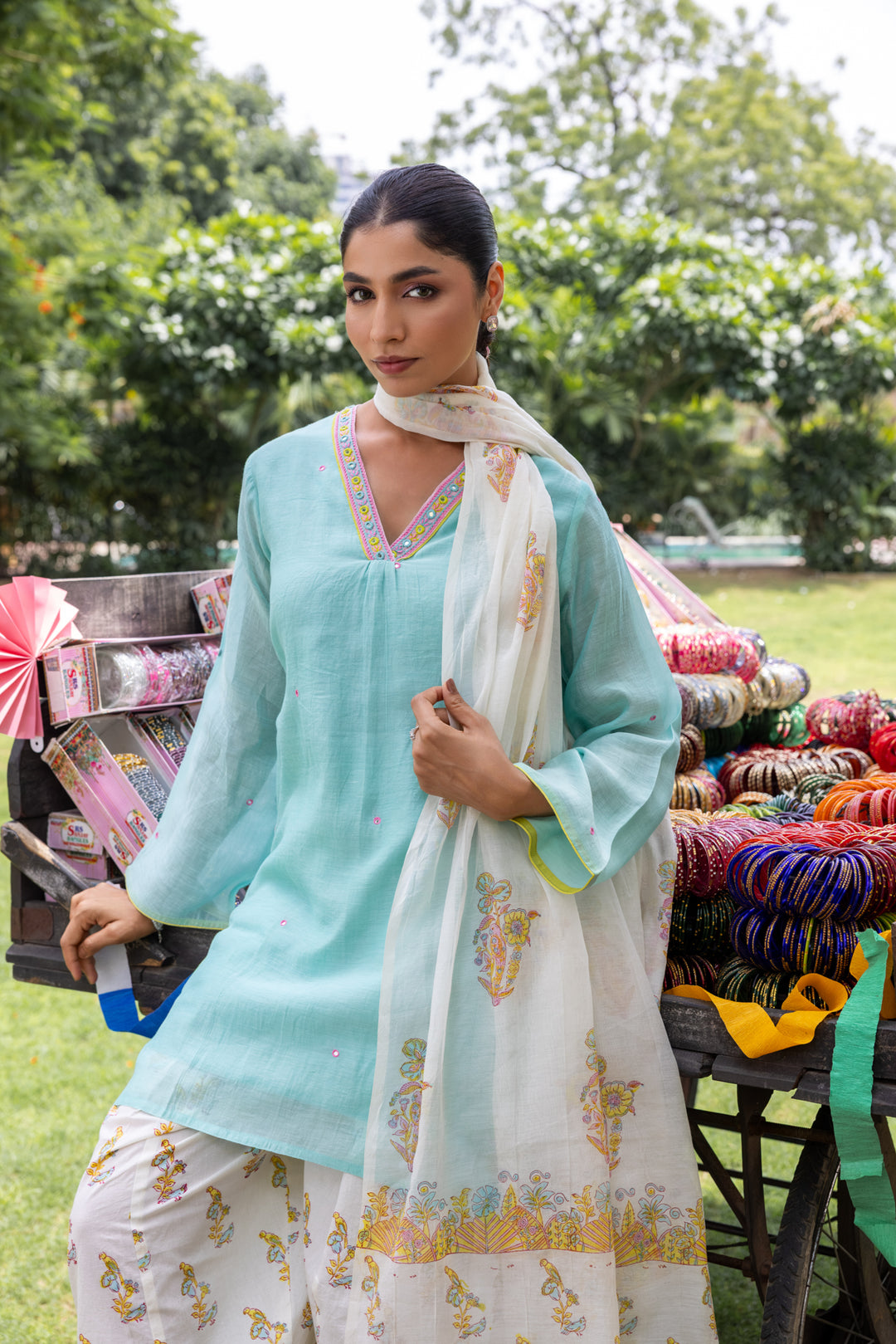 Cotton Candy Light Blue Chanderi Mulmul Short Kurta with Farshi Salwar set of 3