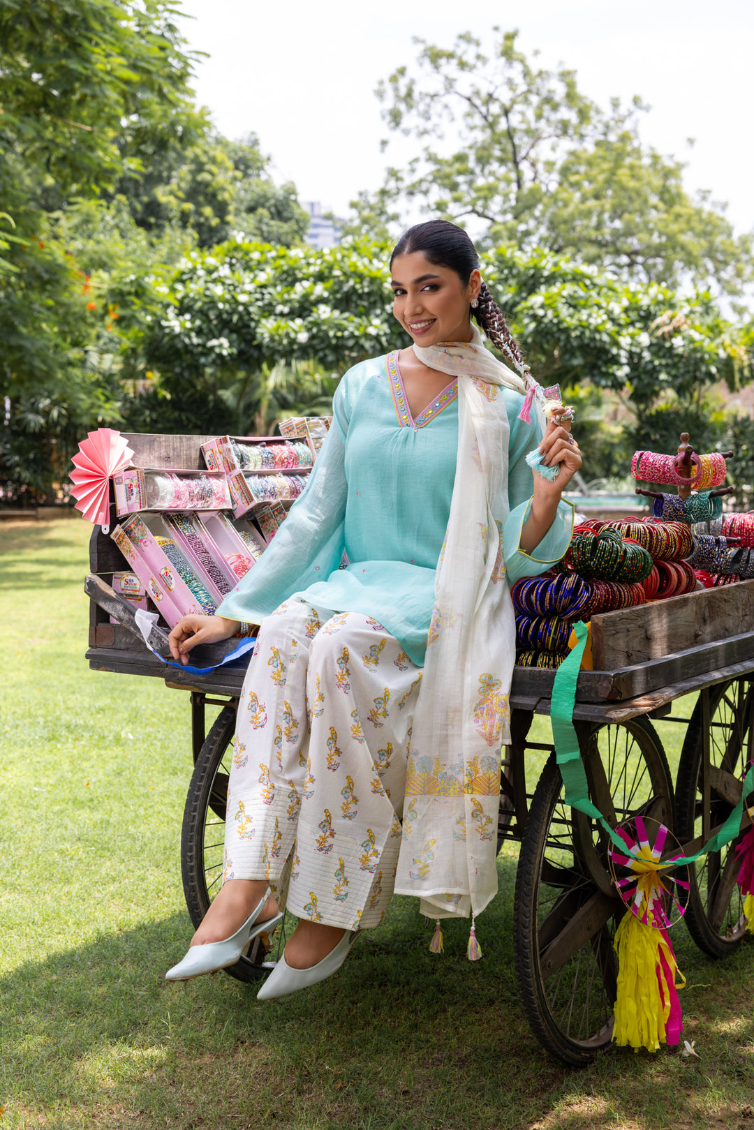 Cotton Candy Light Blue Chanderi Mulmul Short Kurta with Farshi Salwar set of 3
