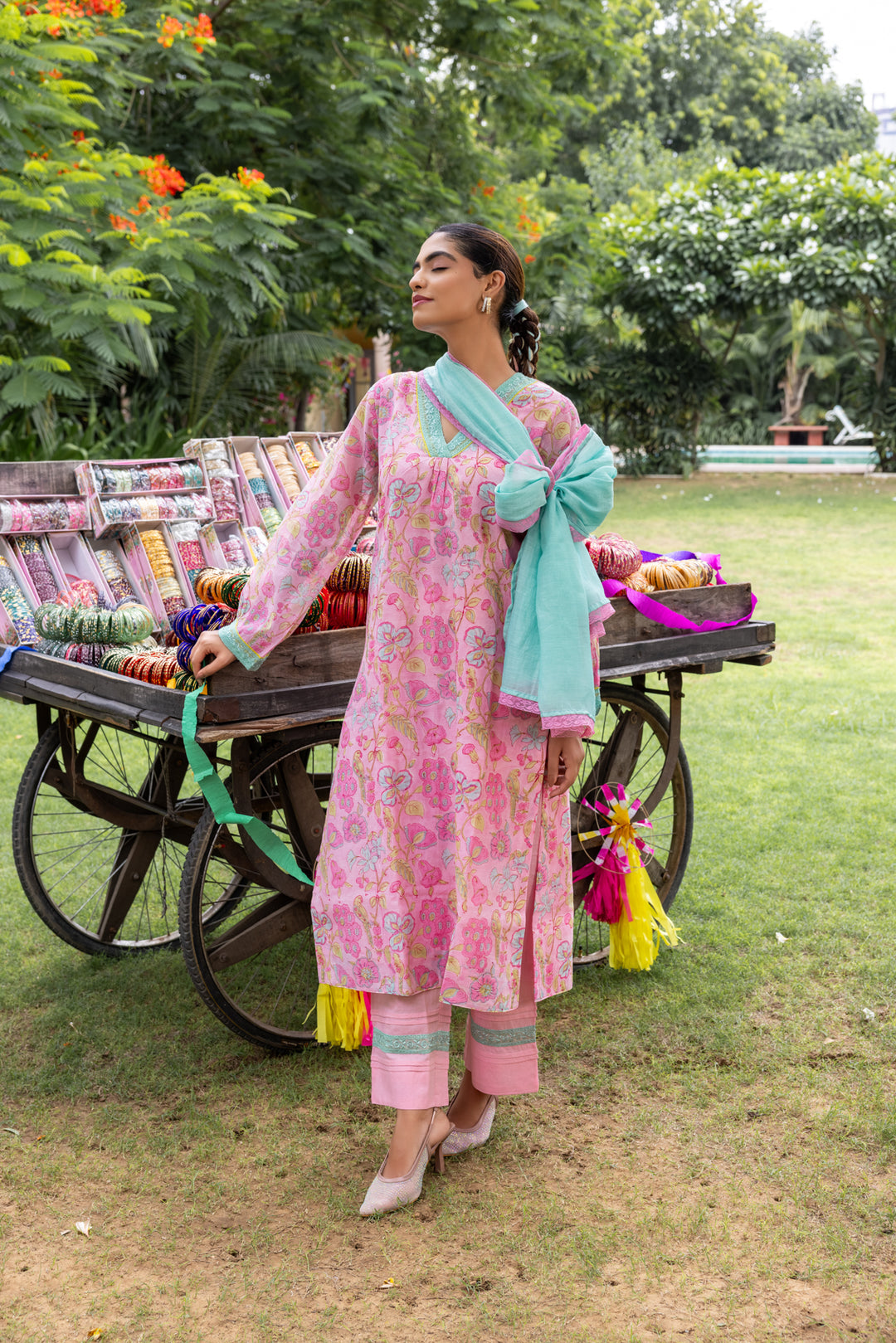Cotton Candy Light Pink Chanderi Mulmul Kurta set of 3