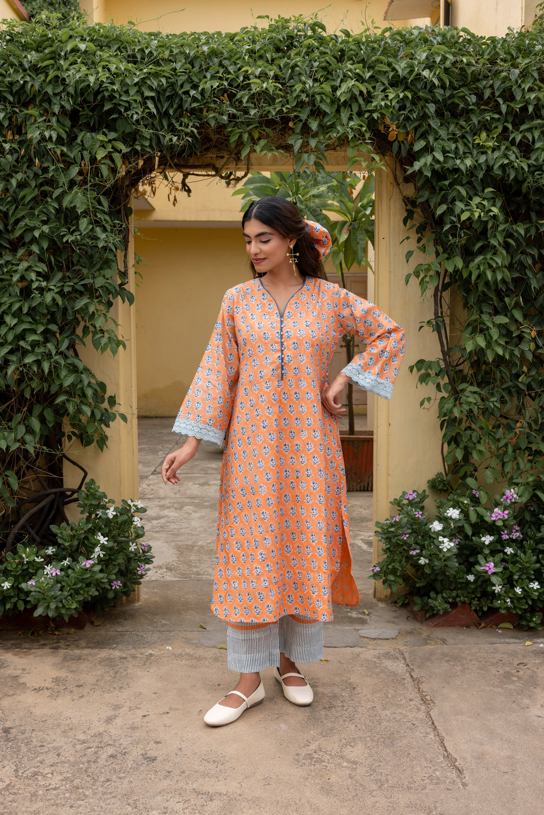 Rangmela Orange & Blue Cotton Silk Long Kurta Set of 2
